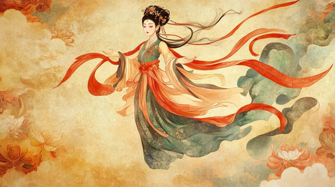 古风女子舞动红绸的优雅姿态