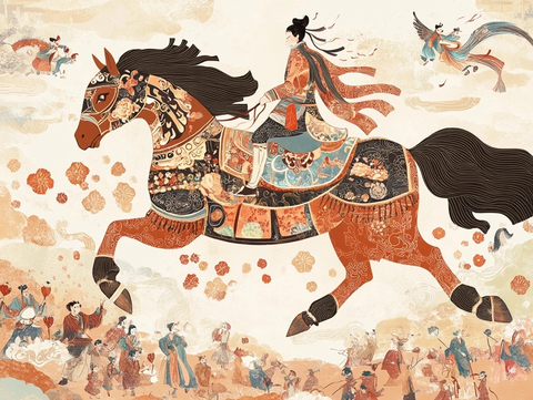 古装女子骑马驰骋的古风插画