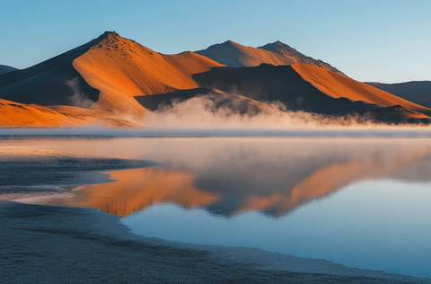 沙漠中湖泊的平静水面倒映沙丘美景