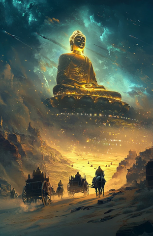 巨型佛像下的马车队伍在沙漠中行进