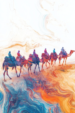 沙漠中骆驼队前行的景象