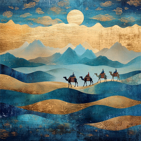 沙漠中骆驼队行进的壮观景象