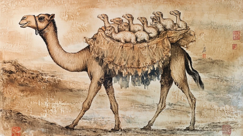 沙漠中驮着幼崽行走的骆驼