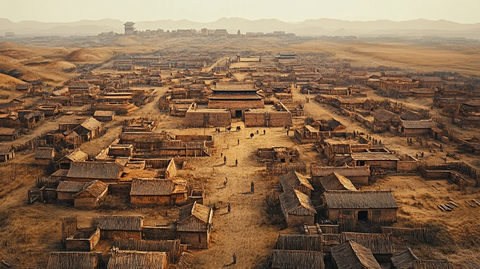 沙漠中的古老村落全景