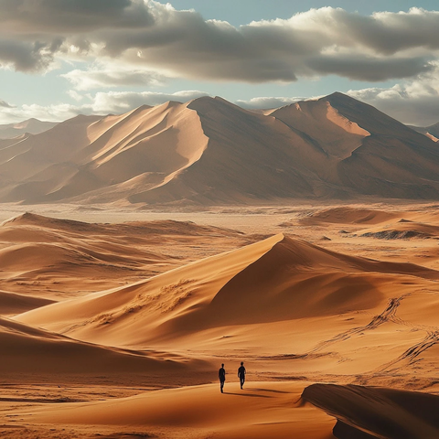 沙漠中两人行走的壮阔景象