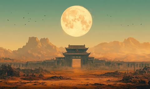 大漠中满月下的古建筑