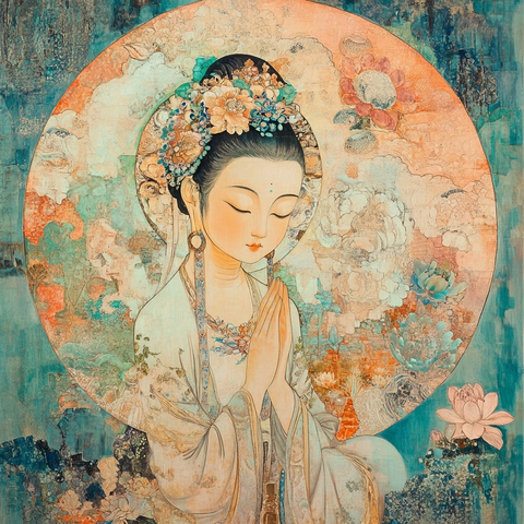 头戴花环双手合十的古装女子形象