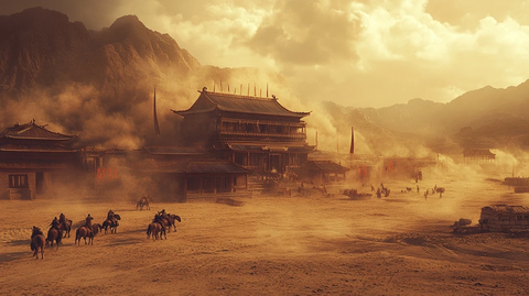 古代建筑前骑马疾驰的人群