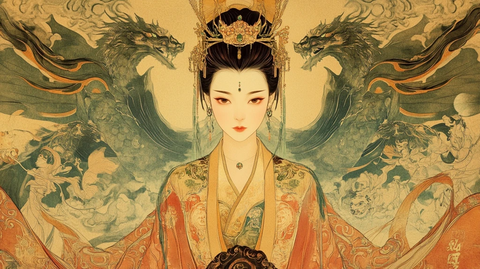 头戴华丽头饰身着古装的女子画像