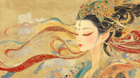 头戴华丽头饰的古装女子形象