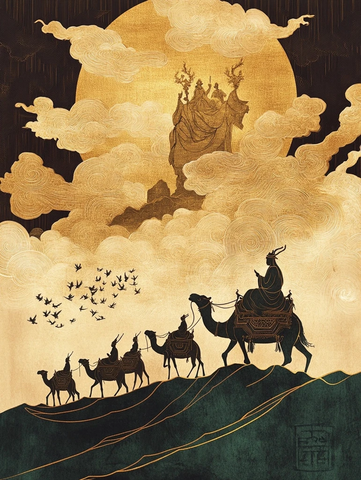 云端巨像下的沙漠驼队剪影图