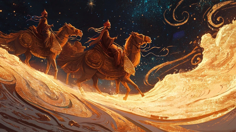 沙漠中骑马的人在星空下前行