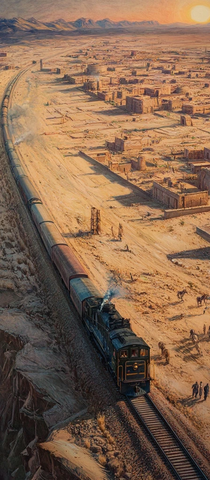 沙漠中行驶的火车及周边村庄景象