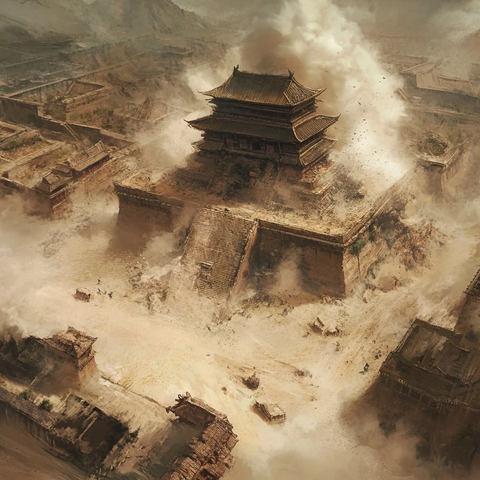 尘土飞扬中的古代建筑全景