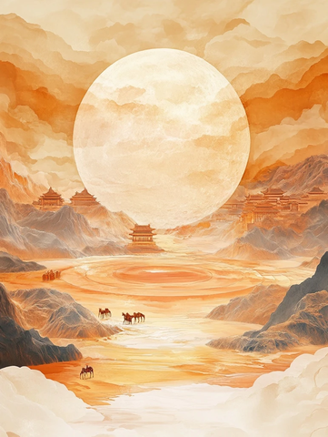 大漠中圆月高挂驼队行走的壮美景象