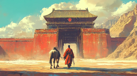 红衣僧人牵着马走向古老红墙建筑