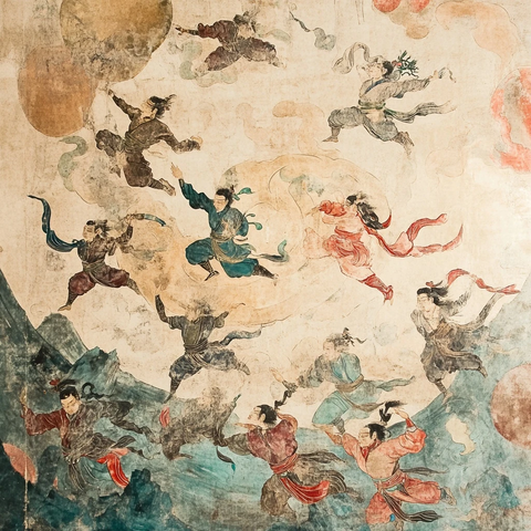 古装人物群像壁画姿态各异尽显仙侠风