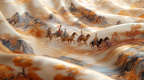 骑马人物于山川间行进的古风画面