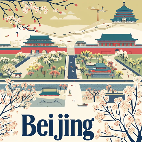 北京标志性建筑与春日景色的特色插画