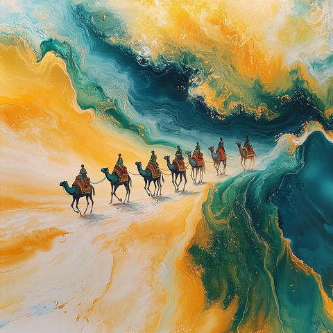 沙漠中骆驼队行进的艺术化画面