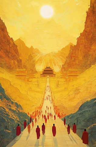 众多红衣僧人行走在山谷间的古建筑前