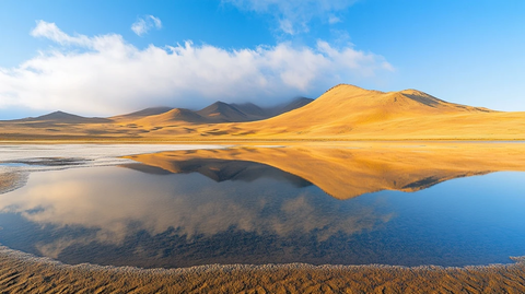 沙漠中的湖水倒影着蓝天与沙丘的景象