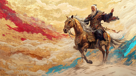 古装老者骑马驰骋于云端的奇幻画面