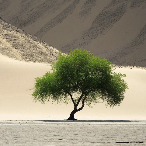 沙漠中一棵独立生长的绿树的景象