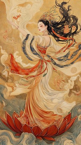 古风女子在莲花上翩翩起舞的优美姿态