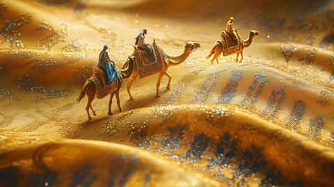 沙漠中骆驼载着人行走的景象