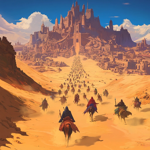 沙漠中骑马队伍向城堡行进的宏大场景