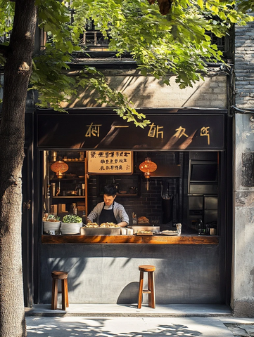 街边小店内厨师正在准备食物的场景