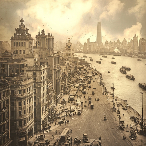 复古风格的城市河流街道全景图