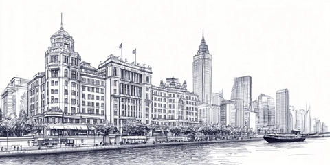 城市江岸边的现代与古典建筑风貌