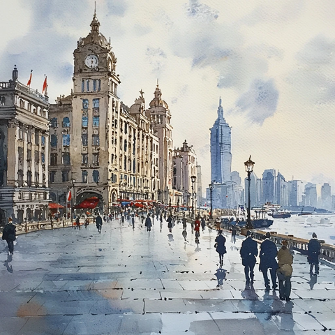 上海外滩建筑群及行人的水彩画