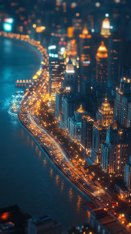 城市滨水夜景灯光璀璨的俯瞰视角