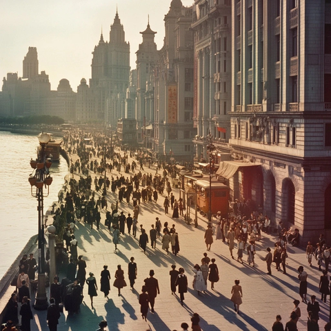 繁华街道上人来人往的城市街景