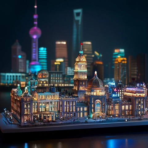 上海外滩建筑群夜景灯光璀璨模型展示