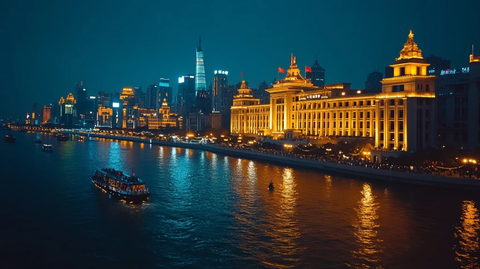 夜晚黄浦江畔灯火辉煌的外滩全景