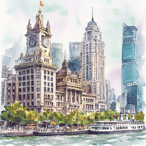 城市地标建筑与河畔风光