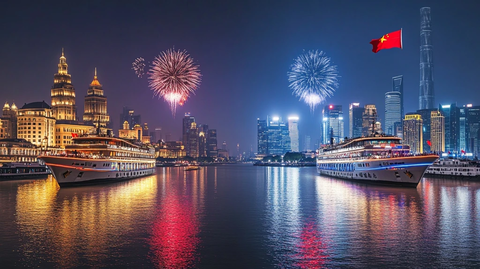 城市夜景中的游船与绚烂烟花