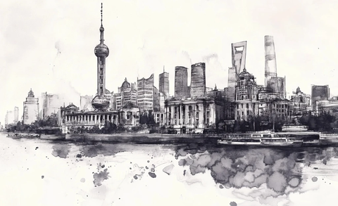 上海外滩建筑群与东方明珠的城市景观