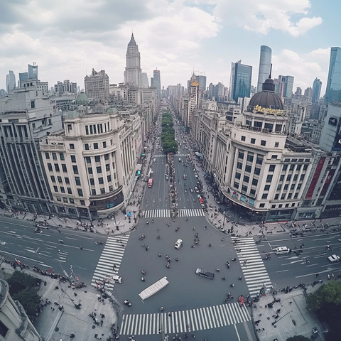 俯瞰城市繁华街道车水马龙景象