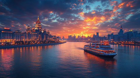 河畔城市夜景水面游船灯火璀璨