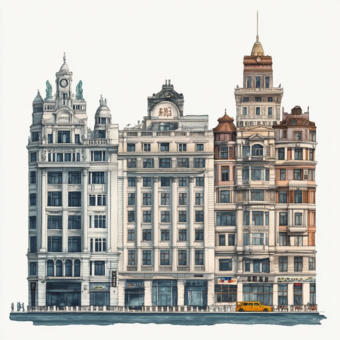 欧式风格建筑群水彩画