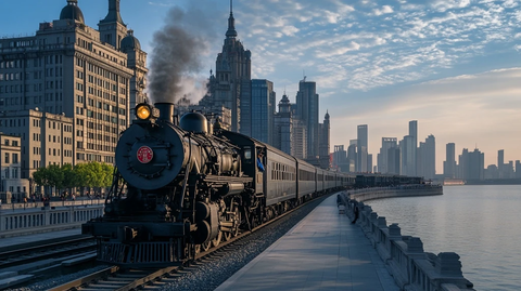 城市中行驶在轨道上的蒸汽火车