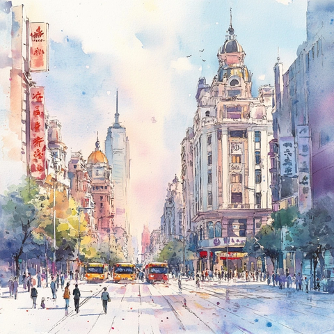 繁华都市街景中的行人与车辆