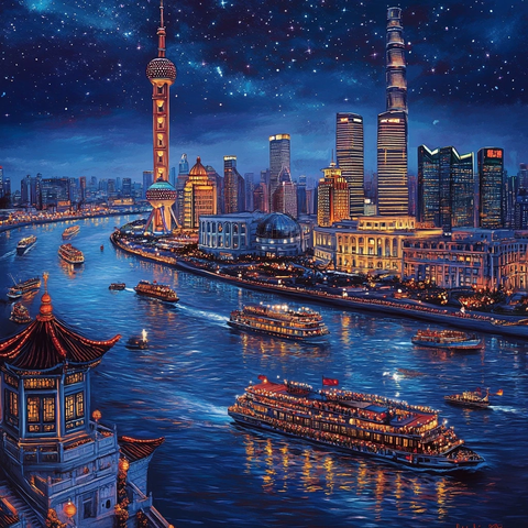 上海外滩夜景璀璨灯火游船穿梭