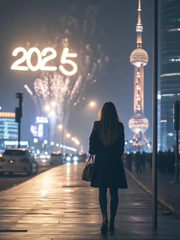 夜晚女子街头背影伴随烟火秀