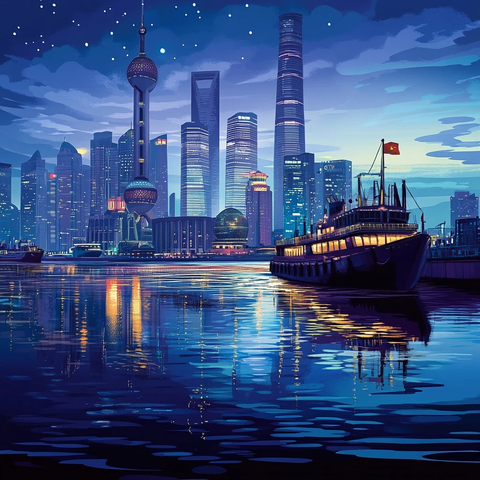 夜晚的城市滨水夜景与船只相映成趣